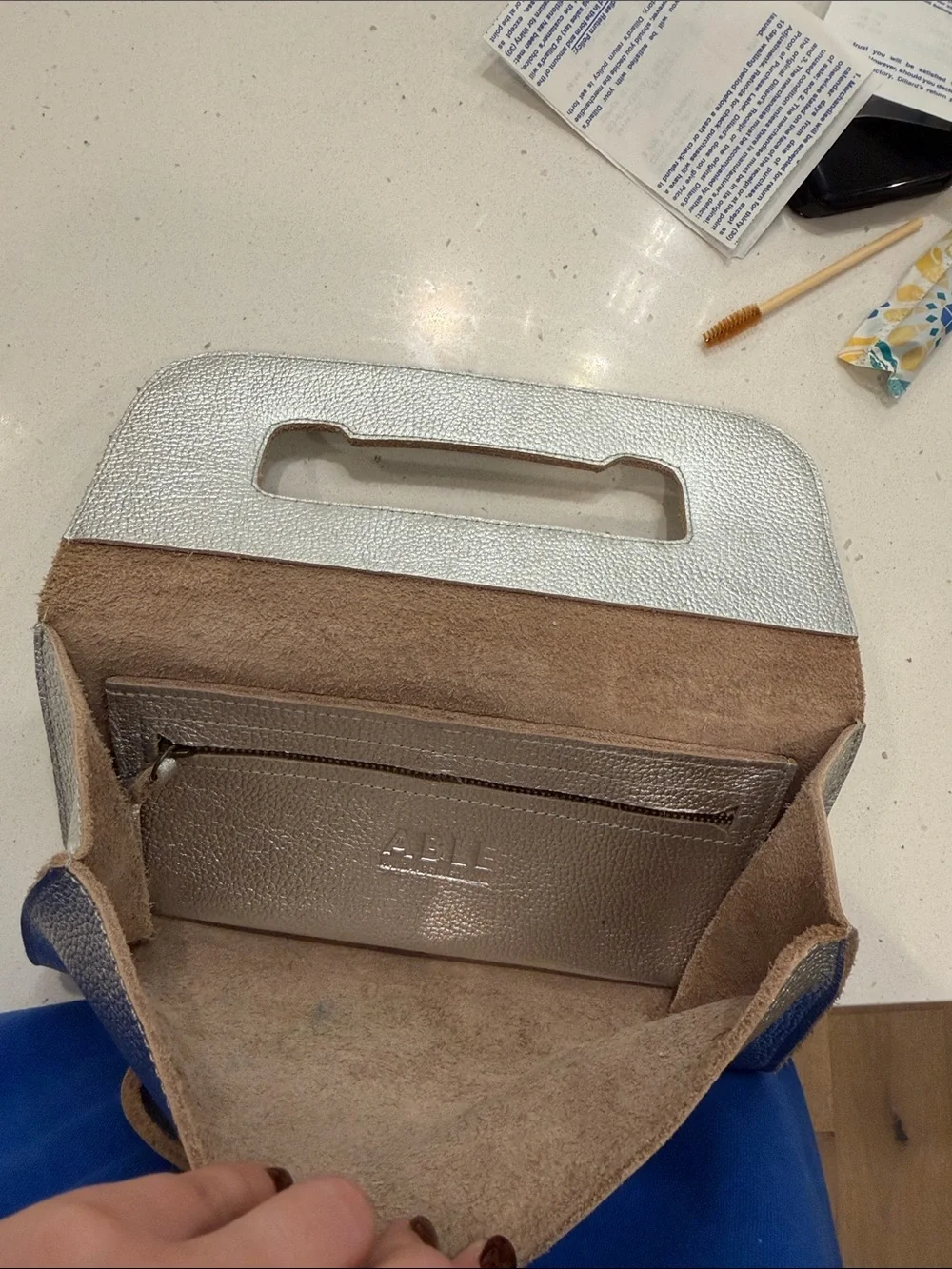 ABLE Mare Handle Clutch Purse Metallic Pebble Leather Silver
